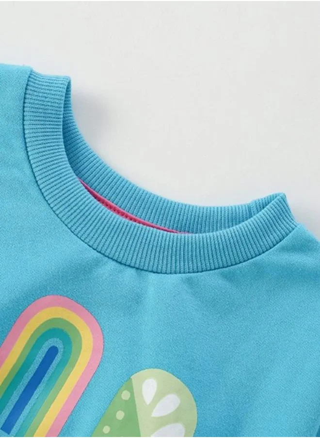 YUNIQEE Turquoise Blue Printed Long Sleeve Crew Neck T-Shirt