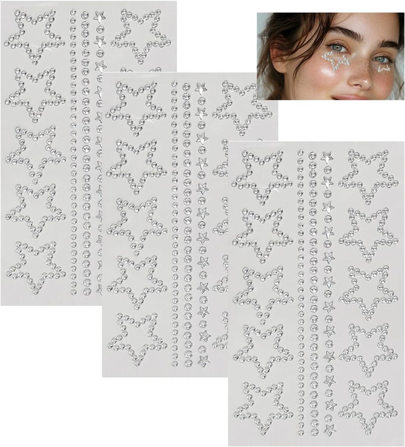Nanaby Face Gems 3 Sheets LongLasting StarShape Stickers Set Temporary Tattoos for Party Waterproof Durable Versatile Perfect Makeup for Festival Eye Nail Sticker Tattoos
