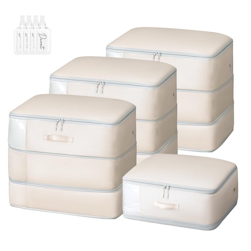 Easortm Comforter Storage Bag - Large Capacity Blanket Storage Bags 3-Layer Ultra Space Saving Self Compression Organizer, Washable Compression Bags for Storage Comforter Blanket, 4-Pack, Beige - Image 1