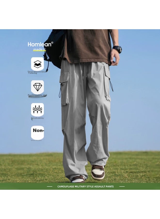 Homlean American-style Functional Paratrooper Cargo Pants For Men, Autumn And Winter Loose-fit Niche Wide-leg Casual Hiking Trousers, S6603 Light Gray L - Image 1