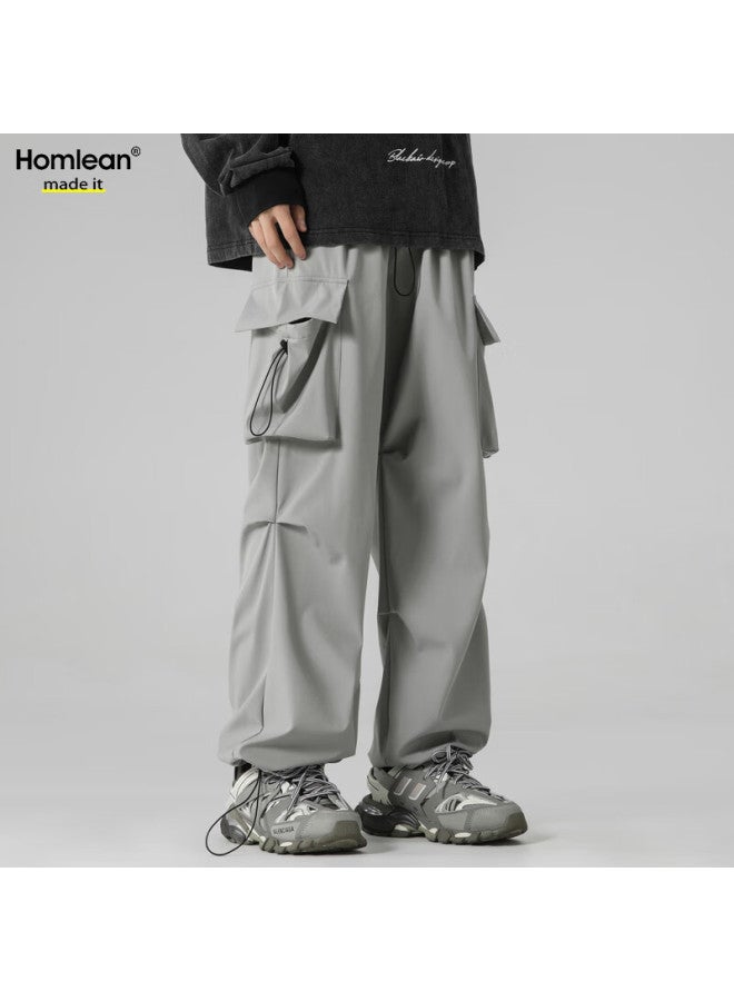 Homlean American-style Functional Paratrooper Cargo Pants For Men, Autumn And Winter Loose-fit Niche Wide-leg Casual Hiking Trousers, S6603 Light Gray L - Image 3