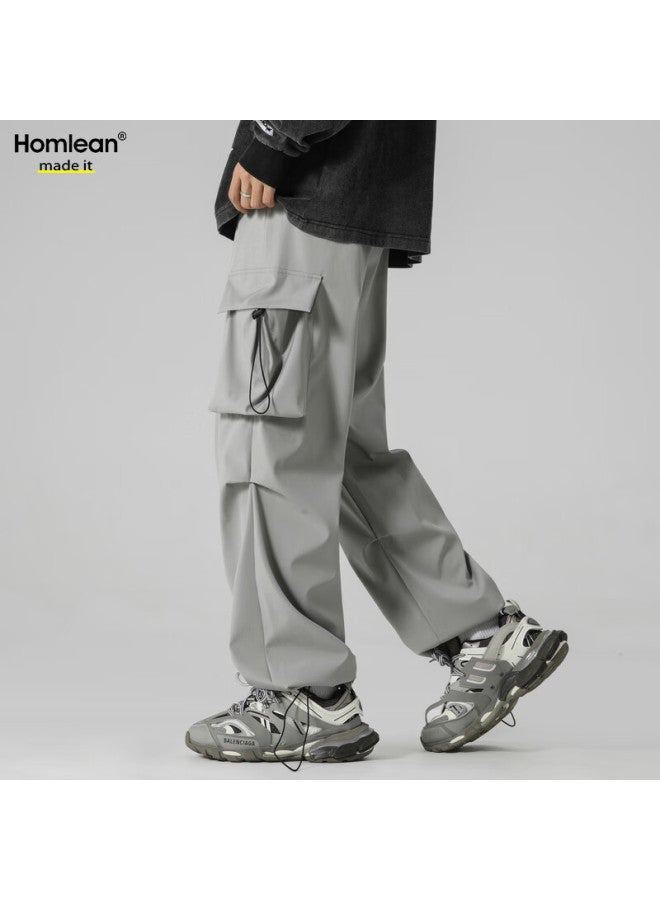 Homlean American-style Functional Paratrooper Cargo Pants For Men, Autumn And Winter Loose-fit Niche Wide-leg Casual Hiking Trousers, S6603 Light Gray L - Image 2