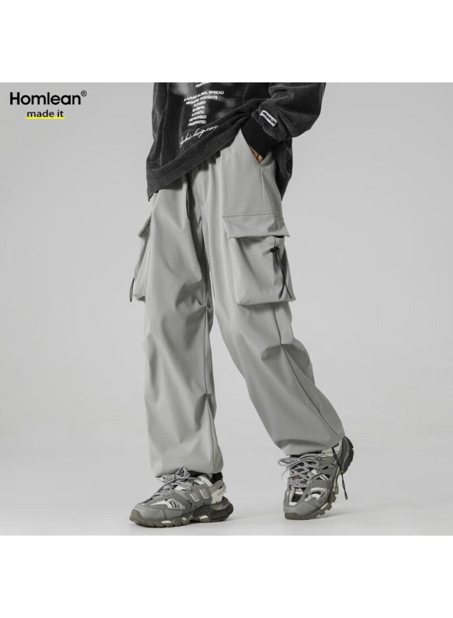 Homlean American-style Functional Paratrooper Cargo Pants For Men, Autumn And Winter Loose-fit Niche Wide-leg Casual Hiking Trousers, S6603 Light Gray L - Image 4