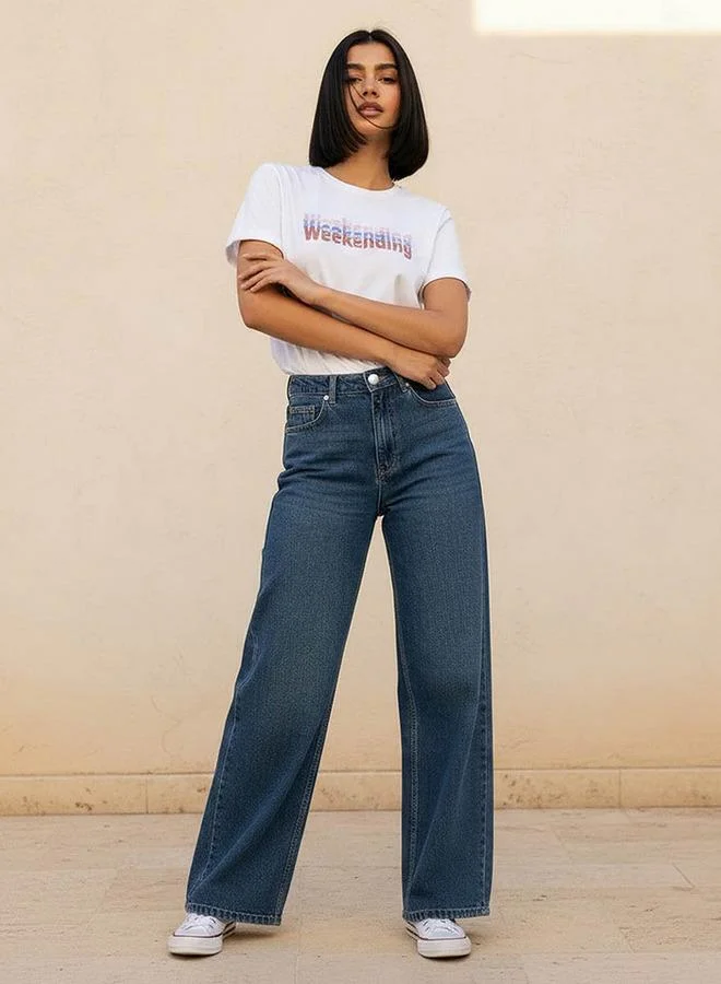 Lee Cooper Blue Lee Cooper Wide Leg Button Waist Jeans with Pockets Cotton for Women | Best Price UAE