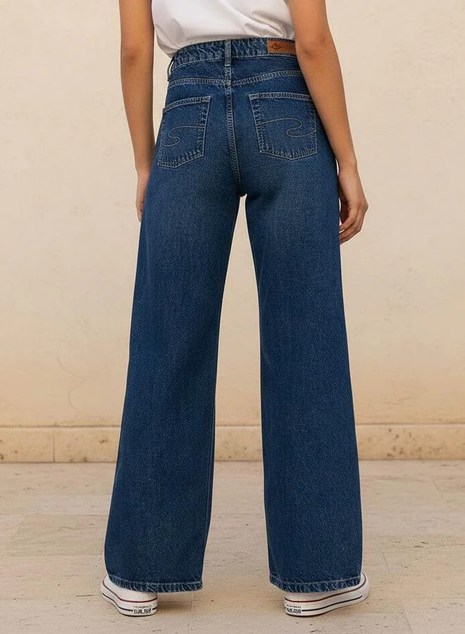 Lee Cooper Blue Lee Cooper Wide Leg Button Waist Jeans with Pockets Cotton for Women | Best Price UAE