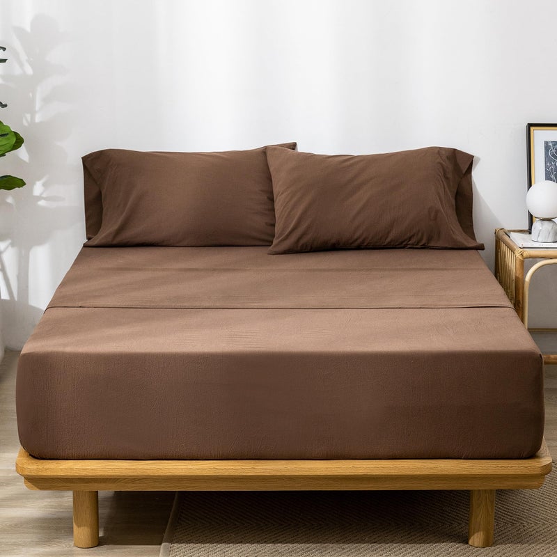 MooMee Fitted Bottom Sheet Only 100% Washed Cotton Linen Like Textured Breathable Durable Soft Comfy Deep Pocket Fits Mattress up to 17"" (Cocoa Brown  King) - Image 2