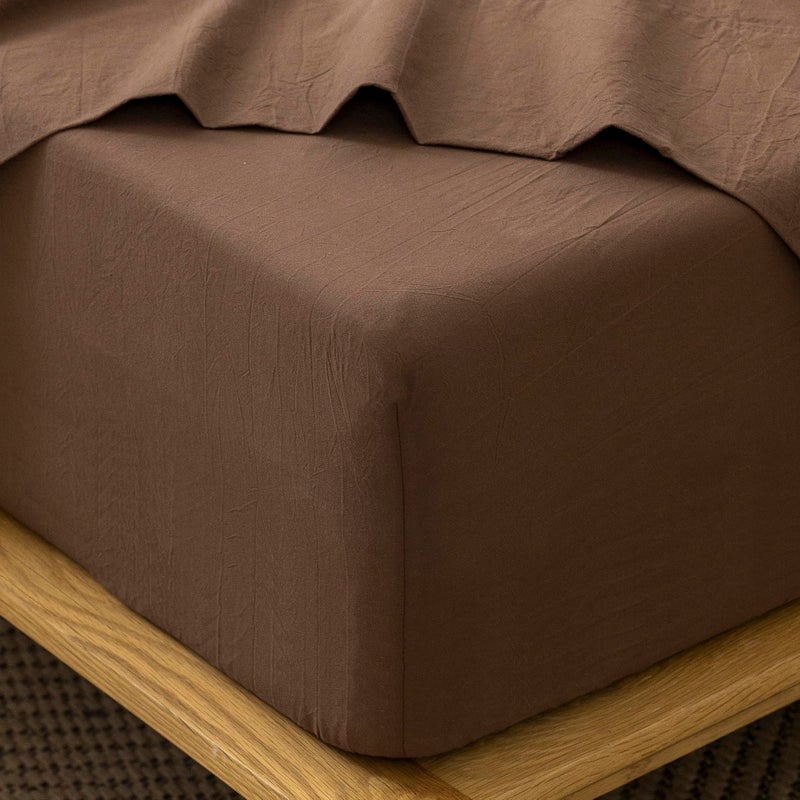 MooMee Fitted Bottom Sheet Only 100% Washed Cotton Linen Like Textured Breathable Durable Soft Comfy Deep Pocket Fits Mattress up to 17"" (Cocoa Brown  King) - Image 1