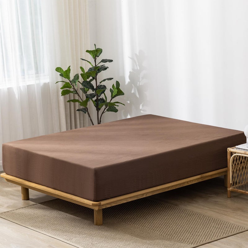 MooMee Fitted Bottom Sheet Only 100% Washed Cotton Linen Like Textured Breathable Durable Soft Comfy Deep Pocket Fits Mattress up to 17"" (Cocoa Brown  King) - Image 3