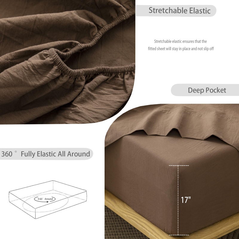 MooMee Fitted Bottom Sheet Only 100% Washed Cotton Linen Like Textured Breathable Durable Soft Comfy Deep Pocket Fits Mattress up to 17"" (Cocoa Brown  King) - Image 5