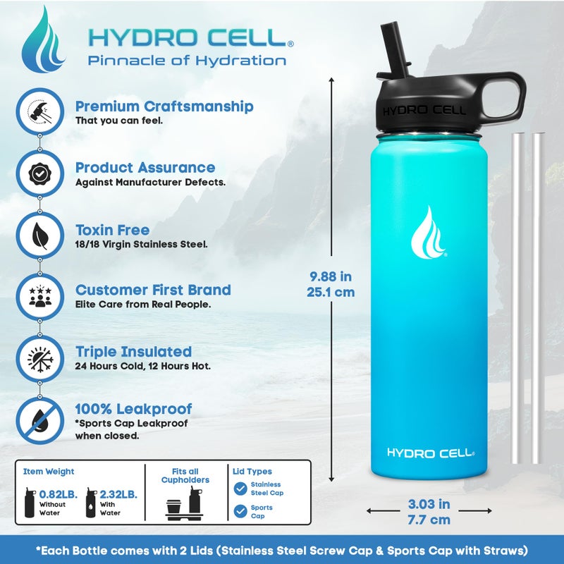 HYDRO CELL Stainless Steel Insulated Water Bottle with Straw - For Cold & Hot Drinks - Metal Vacuum Flask with Screw Cap and Modern Leakproof Sport Thermos for Adults (Teal/Blue 24oz) - Image 3