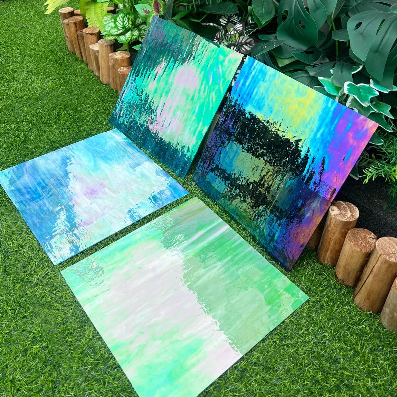 LITMIND 4 Sheets 12 x 12 Iridescent Stained Glass Variety Pack Perfect for Stunning Crafts Projects and Mosaic Artistry Blue  GreenOpaque