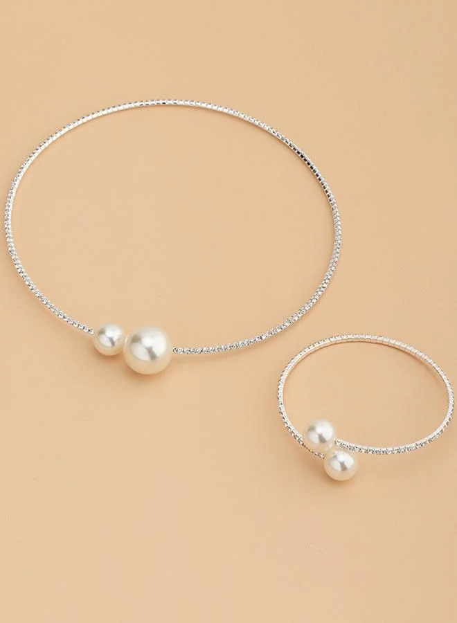 Take Two  Pack of 2 - Silver Tone Pearls and Rhinestone Embellished Choker and Bracelet for Women | Best Price UAE