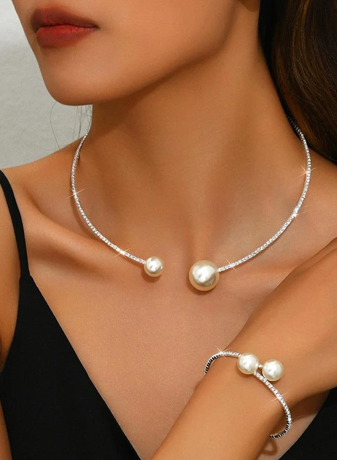 تايك تو Pack of 2 - Silver Tone Pearls and Rhinestone Embellished Choker and Bracelet