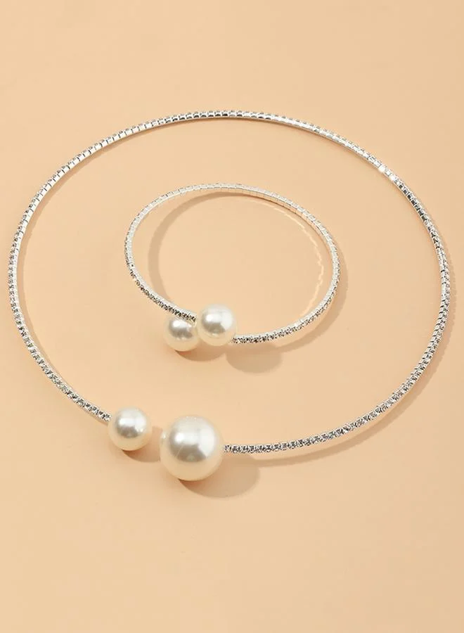تايك تو Pack of 2 - Silver Tone Pearls and Rhinestone Embellished Choker and Bracelet