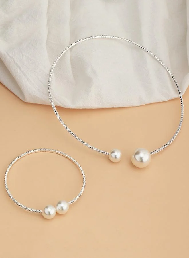 Take Two  Pack of 2 - Silver Tone Pearls and Rhinestone Embellished Choker and Bracelet for Women | Best Price UAE
