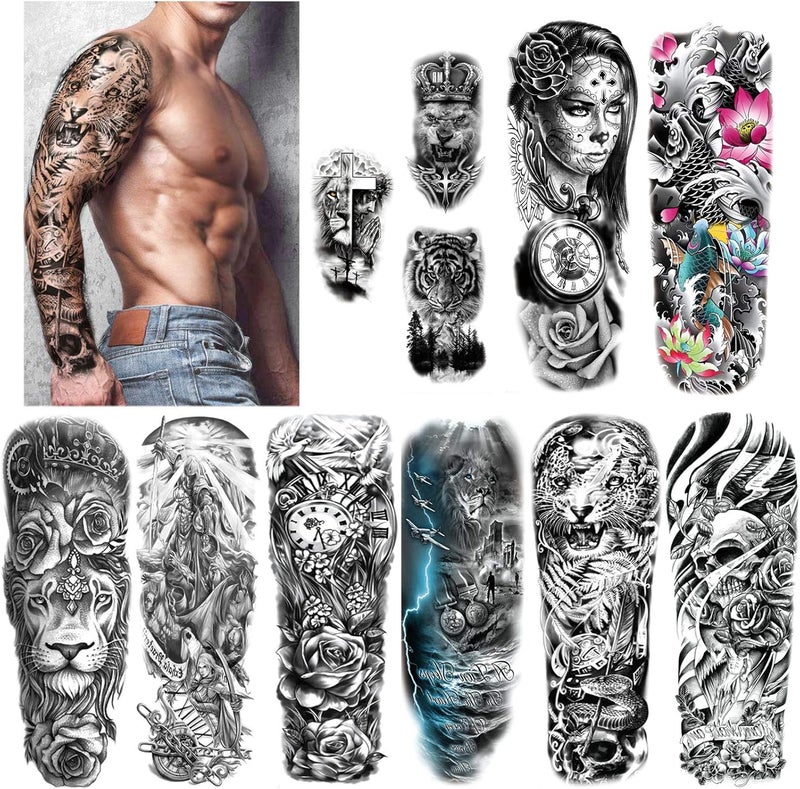 HOWAF Extra Large Waterproof Temporary Tattoos 8 Sheets Full Arm Fake Tattoos and 3 Sheets Half Arm Tattoo Stickers for Men and Women Adults Military Warrior Rose Wolf Lion Tiger