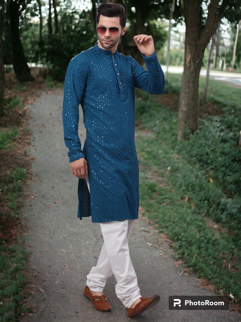 LookMark Present Men's Pure Rayon Chikankari Sequins Kurta||Men's Chikankari Rama Coloured Kurta|| AZ-LM-OG-Kurta 11 RAMA-M - Image 5