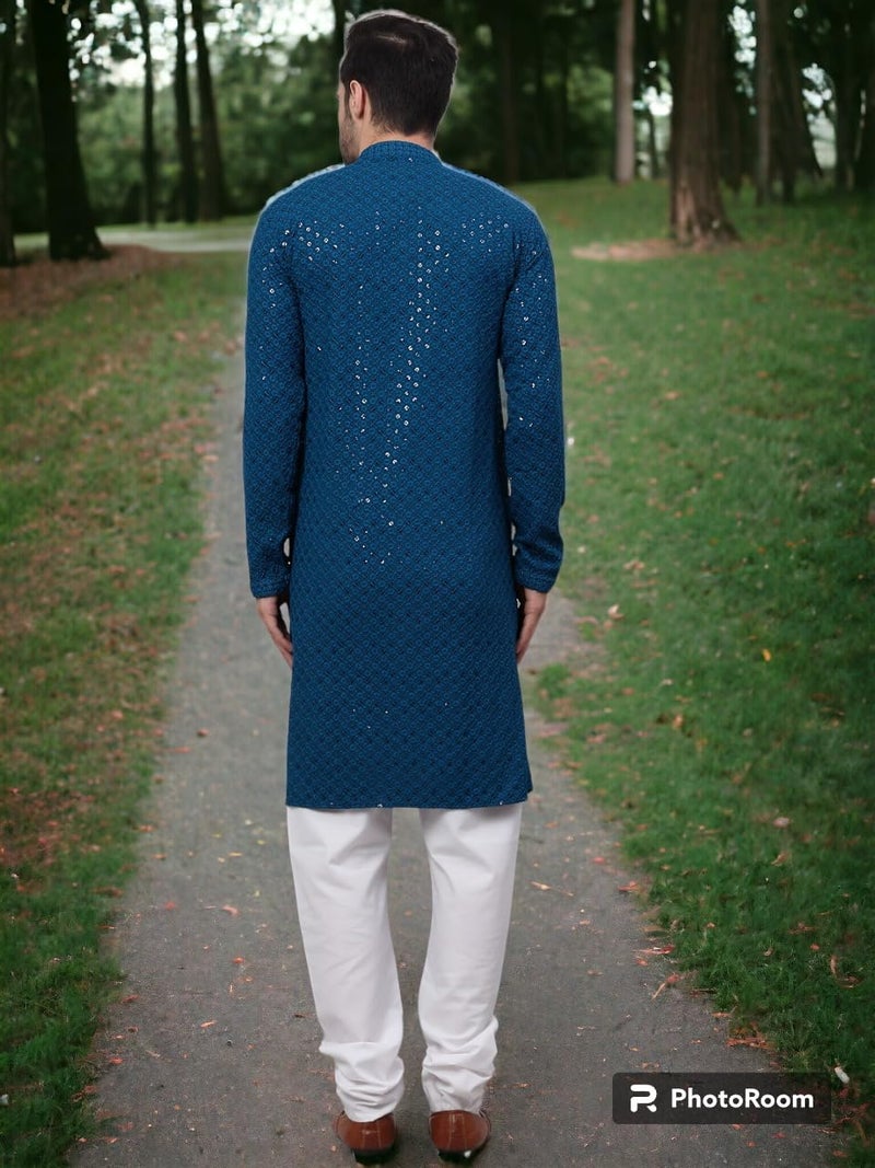 LookMark Present Men's Pure Rayon Chikankari Sequins Kurta||Men's Chikankari Rama Coloured Kurta|| AZ-LM-OG-Kurta 11 RAMA-M - Image 3