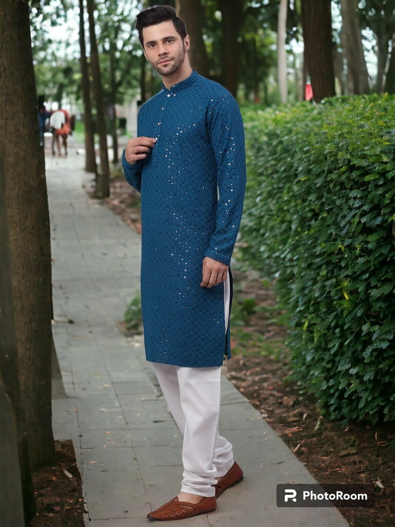 LookMark Present Men's Pure Rayon Chikankari Sequins Kurta||Men's Chikankari Rama Coloured Kurta|| AZ-LM-OG-Kurta 11 RAMA-M - Image 4
