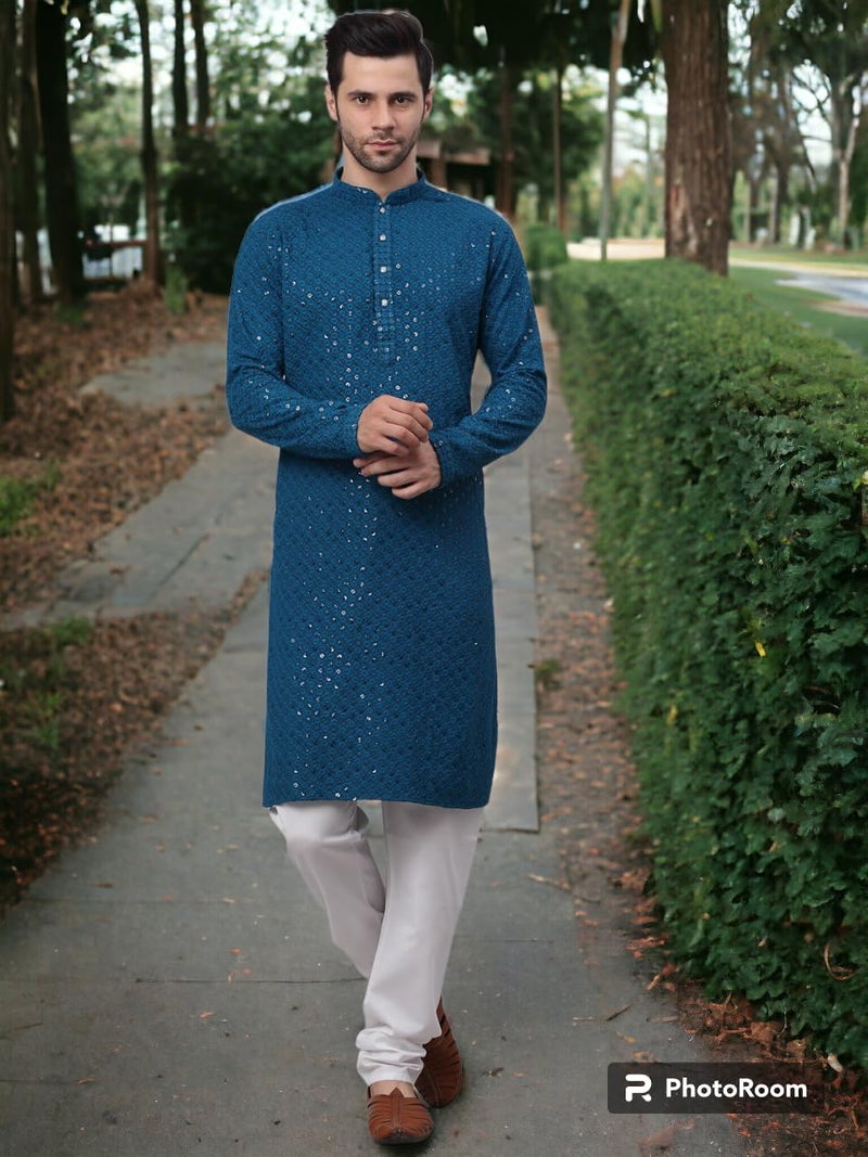 LookMark Present Men's Pure Rayon Chikankari Sequins Kurta||Men's Chikankari Rama Coloured Kurta|| AZ-LM-OG-Kurta 11 RAMA-M - Image 2