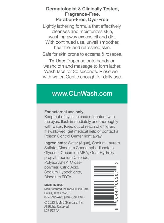 سي إل إن منظف الوجه CLn® - منظف مرطب للوجه مع الجلسرين، للبشرة المعرضة للجفاف والأكزيما والاحمرار والتهيج وحساسية حب الشباب، خالٍ من العطور والبارابين، 3.4 أونصة سائلة. - Image 2