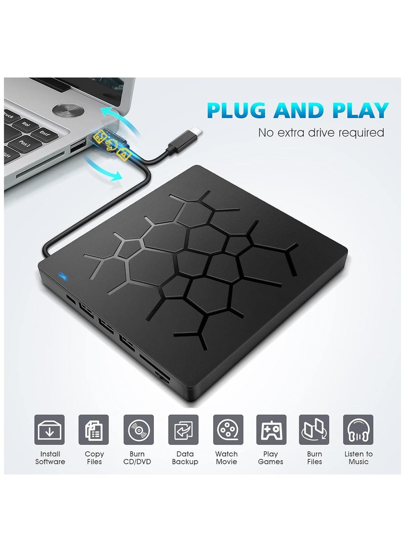 External DVD Drive USB 3.0 CD DVD Burner for Laptop with 4 USB Ports and 2 SD Card Slots Ultra Slim for Mac PC Windows 10 8 7 Linux OS - Image 2