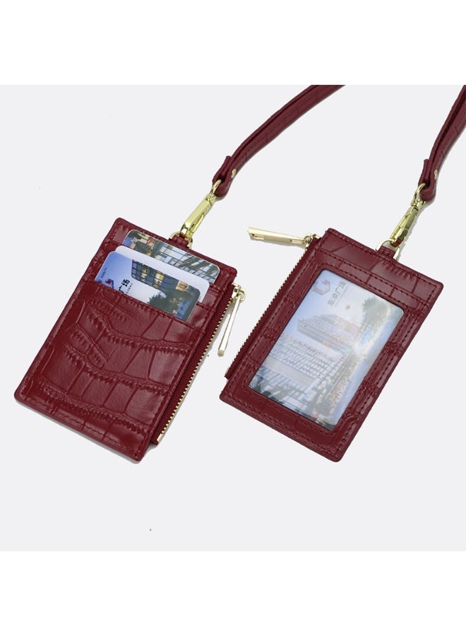 xozgdovg New Fashionable Crocodile Pattern Halter Neck Genuine Leather ID Card Holder Portable Business Card Holder Cross-Border Goods Burgundy (with zipper) 