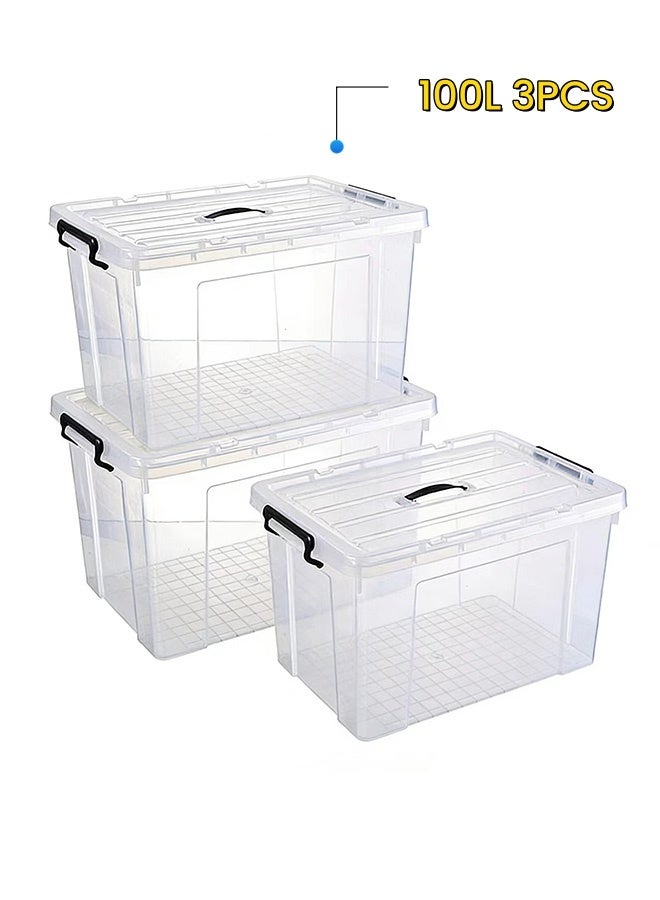 3 pcs Large Clear Plastic Storage Bin with Lid, 100L Heavy Duty Stackable Storage Box ,Transparent Organizer Container for Clothes, Bedding, Toys, Home & Office Use