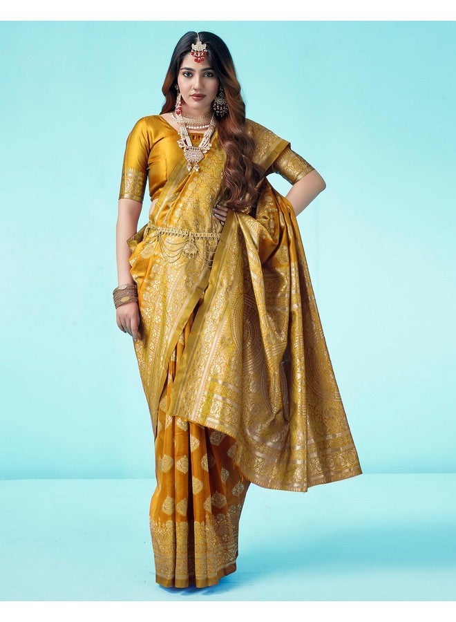 SIRIL ساري سيريلي من الحرير الصناعي النسائي بتصميم بناراسي جاكار مع قطعة بلوزة غير مخيطة (3409S112_أصفر) - Image 5