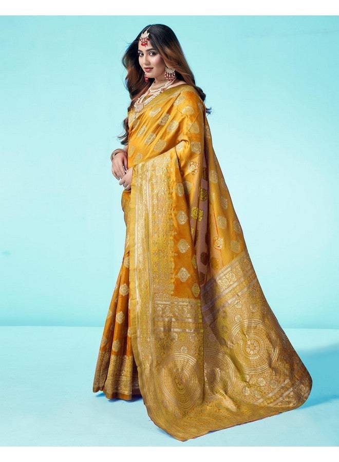 SIRIL ساري سيريلي من الحرير الصناعي النسائي بتصميم بناراسي جاكار مع قطعة بلوزة غير مخيطة (3409S112_أصفر) - Image 2