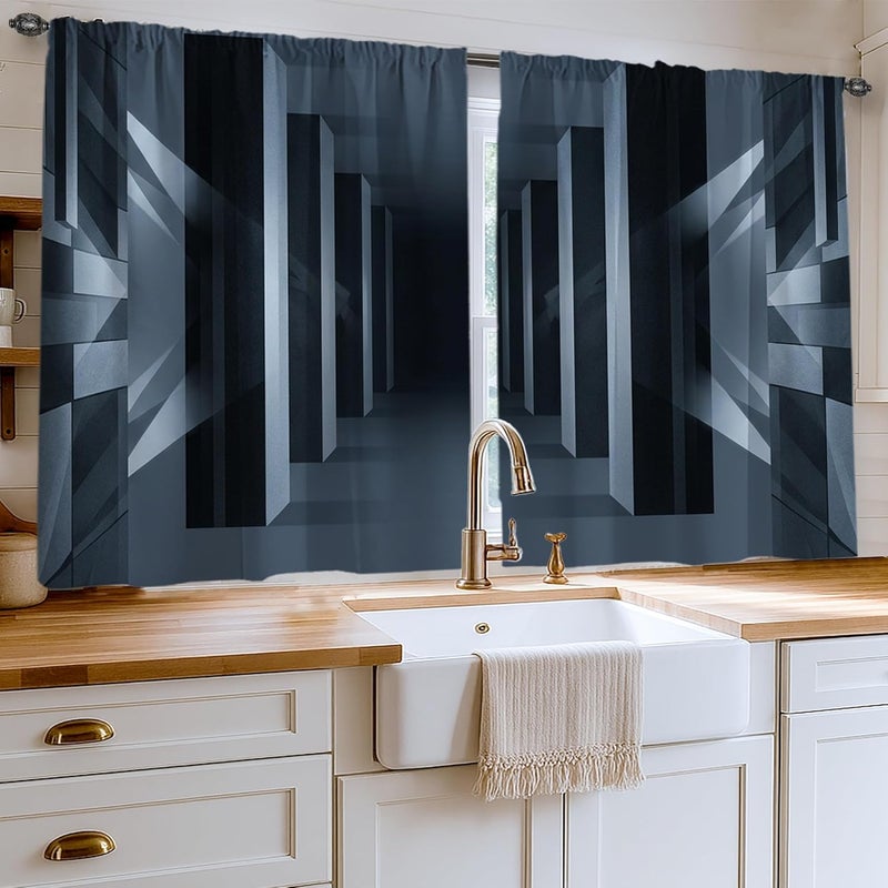 Geometric Kitchen Curtains, Modern Minimalistic Lines Shadows None Black Patterned Curtains for Kitchen Window Over Sink 42x45 Inch - Image 2