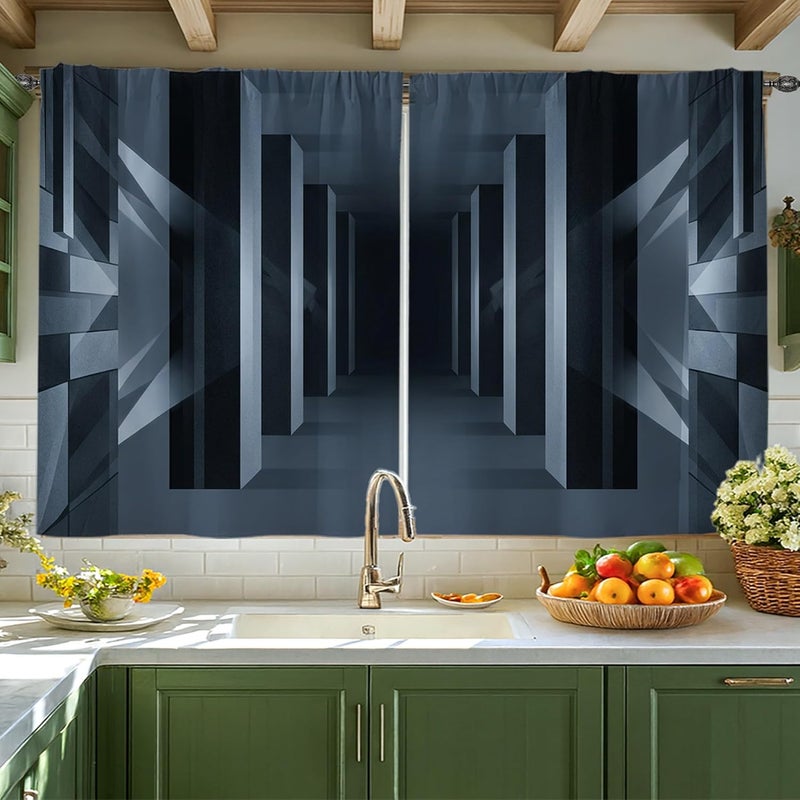 Geometric Kitchen Curtains, Modern Minimalistic Lines Shadows None Black Patterned Curtains for Kitchen Window Over Sink 42x45 Inch - Image 1