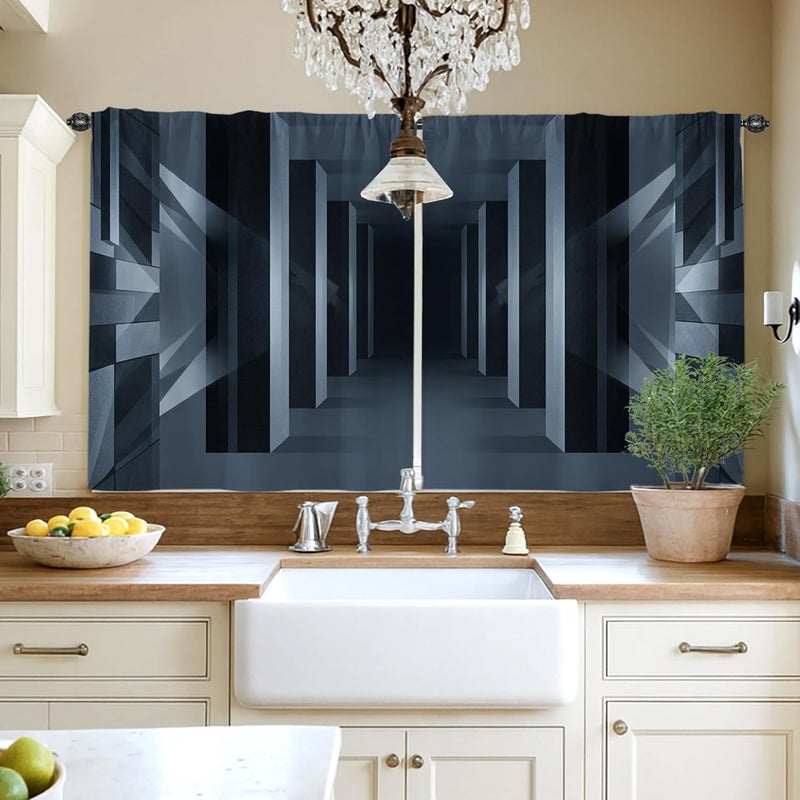 Geometric Kitchen Curtains, Modern Minimalistic Lines Shadows None Black Patterned Curtains for Kitchen Window Over Sink 42x45 Inch - Image 4