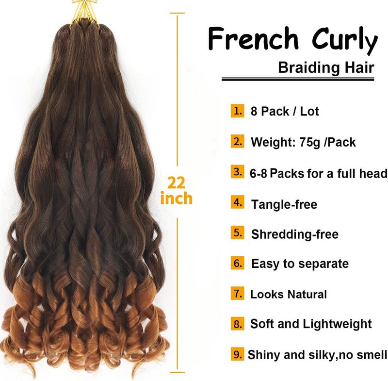 datanala French Curly Braiding Hair 22 Inch 8Pack/lot Loose Wavy Spiral Curl Braids Crochet Hair Deep Wave Synthetic Extensions Pre Stretched Bouncy Braiding Hair(T30#) - Image 2