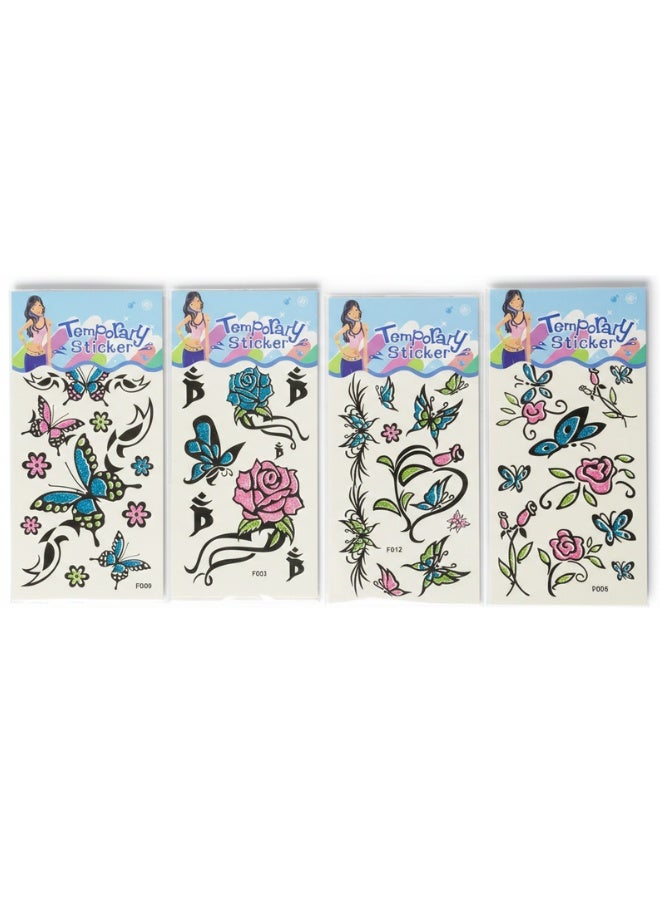 مجموعة 4 ورقات ملصقات وشم مؤقت جليتر لامع للبنات والنساء - ستيكر تاتو جسم ضد الماء بتصاميم فراشات ملونة وزهور وردية جذابة - تاتو مؤقت يدوم طويلاً للجلد والسيراميك والزجاج والمعادن - رسومات فنية موديلات F006 وF012 وF013 وF009 - مثالية للحفلات والمناسبات وتزيين الأدوات الشخصية بإطلالة براقة تدوم طويلاً وسهلة الإزالة - Image 2