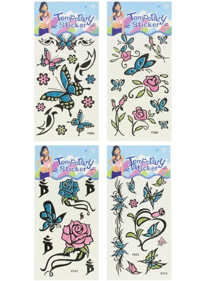 مجموعة 4 ورقات ملصقات وشم مؤقت جليتر لامع للبنات والنساء - ستيكر تاتو جسم ضد الماء بتصاميم فراشات ملونة وزهور وردية جذابة - تاتو مؤقت يدوم طويلاً للجلد والسيراميك والزجاج والمعادن - رسومات فنية موديلات F006 وF012 وF013 وF009 - مثالية للحفلات والمناسبات وتزيين الأدوات الشخصية بإطلالة براقة تدوم طويلاً وسهلة الإزالة - Image 1