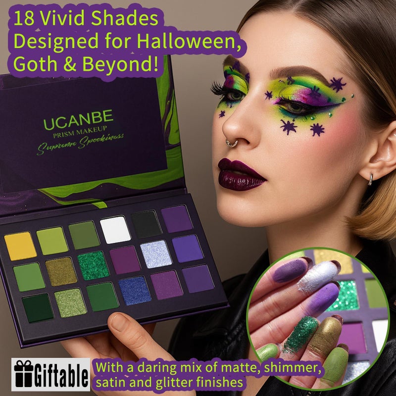Ucanbe Green Purple Goth Eyeshadow Palette Makeup- 18 Colors Matte Shimmer Metallic Bright & Dark Smoky Gothic Eye Shadows for Halloween Christmas Grinch Witch Beetle-juice Ursula SFX Cosplay Costume Make Up - Image 2