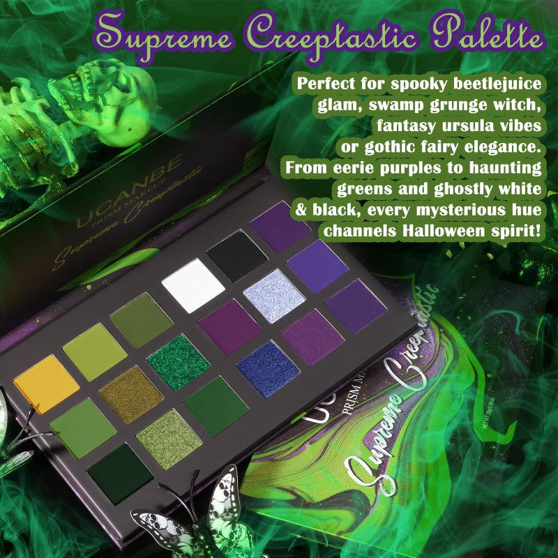 Ucanbe Green Purple Goth Eyeshadow Palette Makeup- 18 Colors Matte Shimmer Metallic Bright & Dark Smoky Gothic Eye Shadows for Halloween Christmas Grinch Witch Beetle-juice Ursula SFX Cosplay Costume Make Up - Image 5