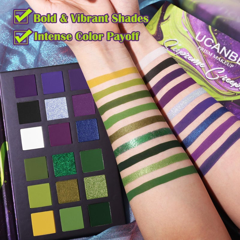 Ucanbe Green Purple Goth Eyeshadow Palette Makeup- 18 Colors Matte Shimmer Metallic Bright & Dark Smoky Gothic Eye Shadows for Halloween Christmas Grinch Witch Beetle-juice Ursula SFX Cosplay Costume Make Up - Image 3