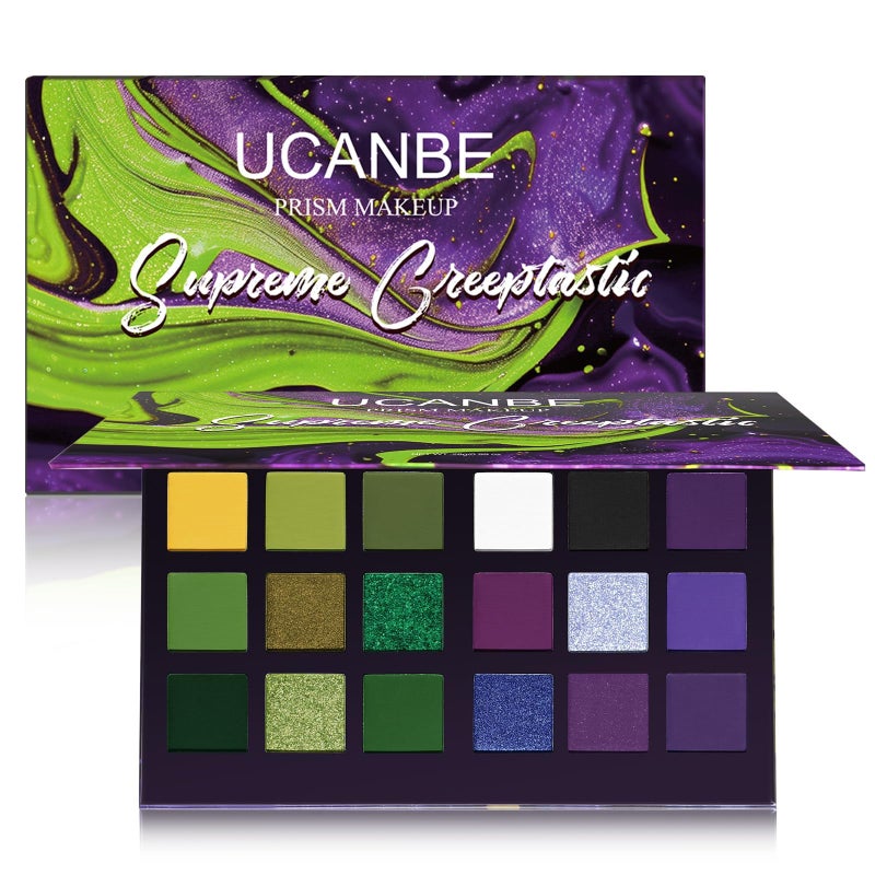 Ucanbe Green Purple Goth Eyeshadow Palette Makeup- 18 Colors Matte Shimmer Metallic Bright & Dark Smoky Gothic Eye Shadows for Halloween Christmas Grinch Witch Beetle-juice Ursula SFX Cosplay Costume Make Up - Image 1