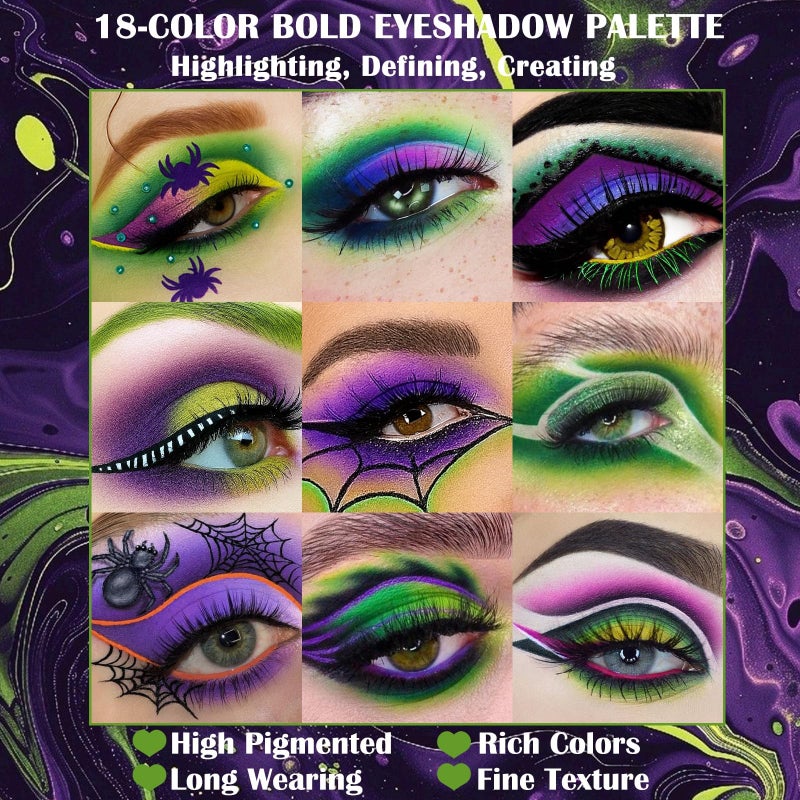 Ucanbe Green Purple Goth Eyeshadow Palette Makeup- 18 Colors Matte Shimmer Metallic Bright & Dark Smoky Gothic Eye Shadows for Halloween Christmas Grinch Witch Beetle-juice Ursula SFX Cosplay Costume Make Up - Image 4