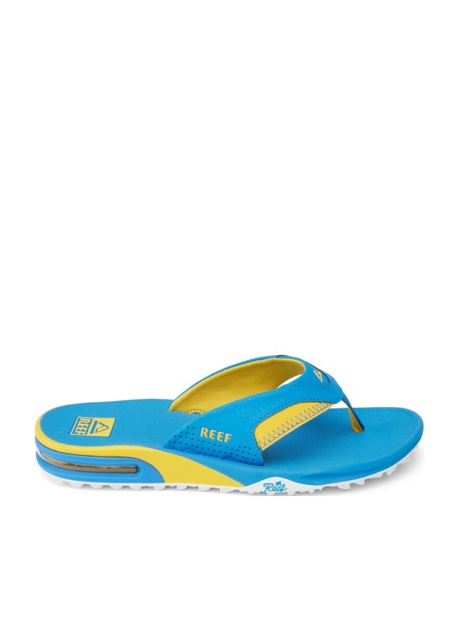 Reef Fanning Pregame Mens Bottle Opener Flip Flop, Arch Support, Durable Outsole, Water Friendly, Blue/Yellow, 9 - Image 1