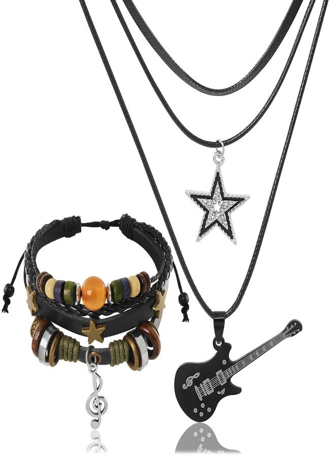 RechicGu Multilayer Y2k Star Necklace Fairy Grunge Bracelets Set Handmade Fairycore Grunge Jewelry Gothic Swirl Star Necklace Punk Rock Roll Music Guitar Grunge Accessories for Women Men Guitar - Image 1