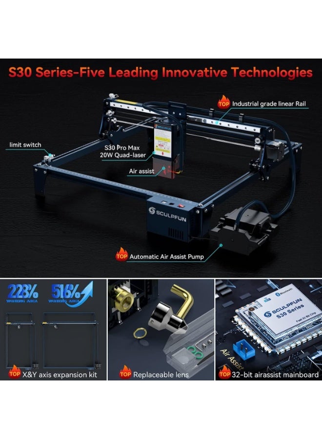 سكلبفون SCULPFUN S30 Pro Max 20W حفار ليزر، قاطع ليزر مع مساعدة هوائية تلقائية، 0.08*0.1mm دقة عالية، 10x عمر الخدمة، منطقة حفر قابلة للامتداد تصل إلى 900x890mm - Image 2