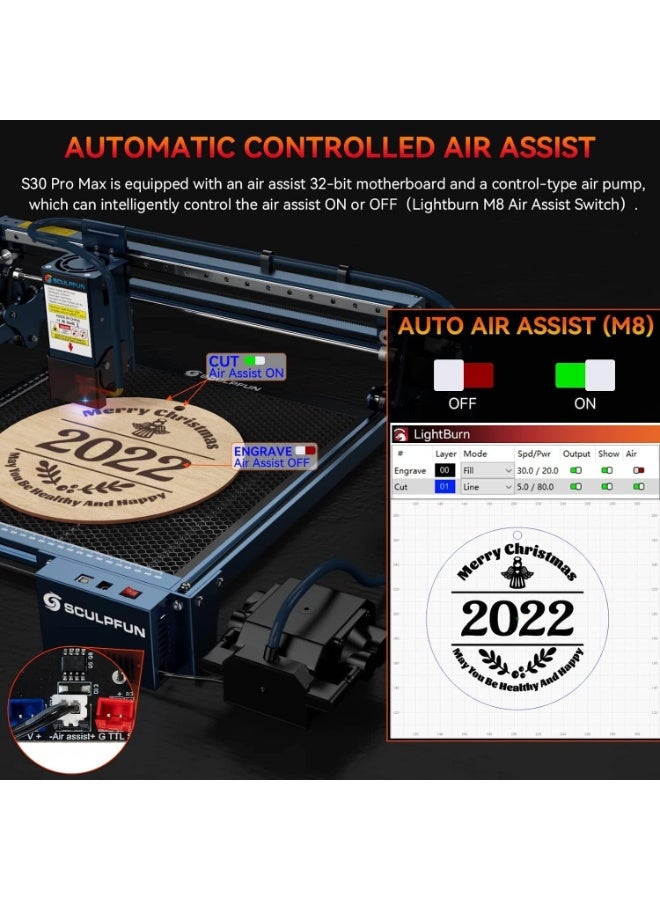 سكلبفون SCULPFUN S30 Pro Max 20W حفار ليزر، قاطع ليزر مع مساعدة هوائية تلقائية، 0.08*0.1mm دقة عالية، 10x عمر الخدمة، منطقة حفر قابلة للامتداد تصل إلى 900x890mm - Image 3