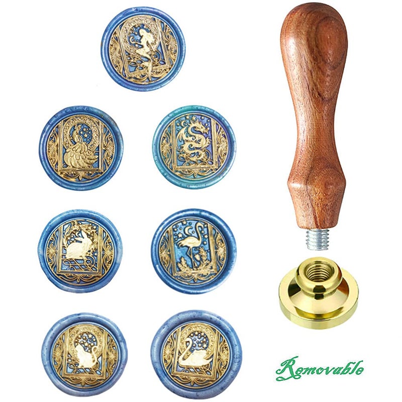 ANBOSE Wax Seal Stamp kit, ANBOSE Starry Animal Wax Seal Stamp Set with 7 PCS Removable Brass Heads and 1 Wooden Handle, Retro Vintage Mermaid Peacock Dragon Rabbit Flamingo Cat Swan Sealing Wax Stamp - Image 3