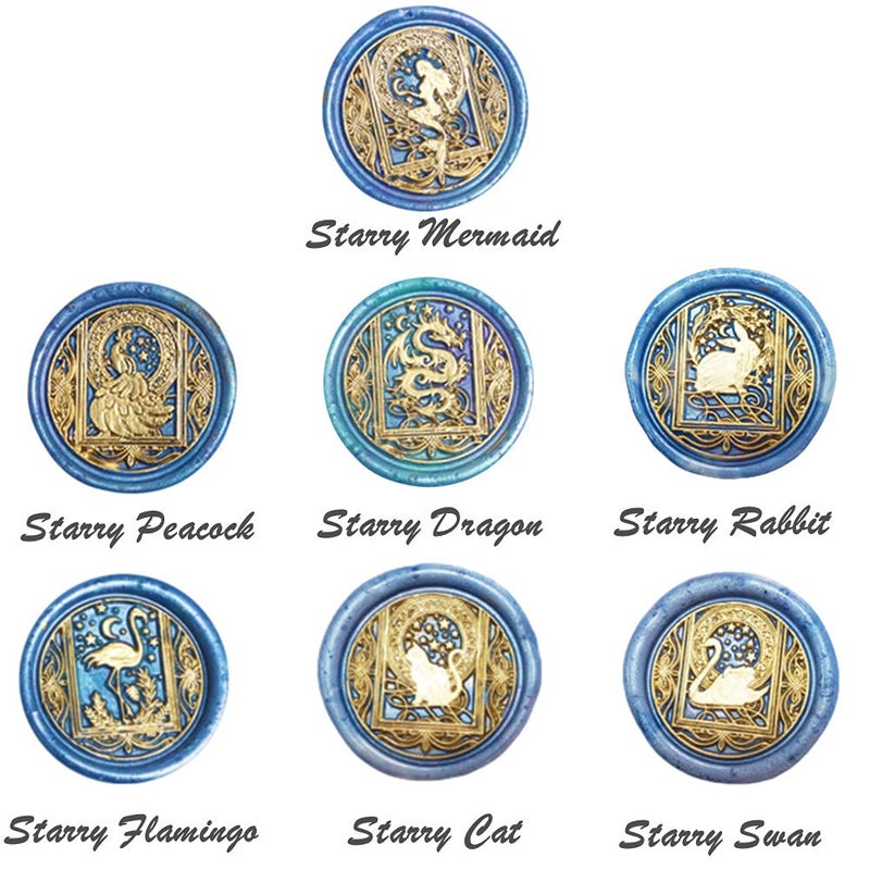 ANBOSE Wax Seal Stamp kit, ANBOSE Starry Animal Wax Seal Stamp Set with 7 PCS Removable Brass Heads and 1 Wooden Handle, Retro Vintage Mermaid Peacock Dragon Rabbit Flamingo Cat Swan Sealing Wax Stamp - Image 2