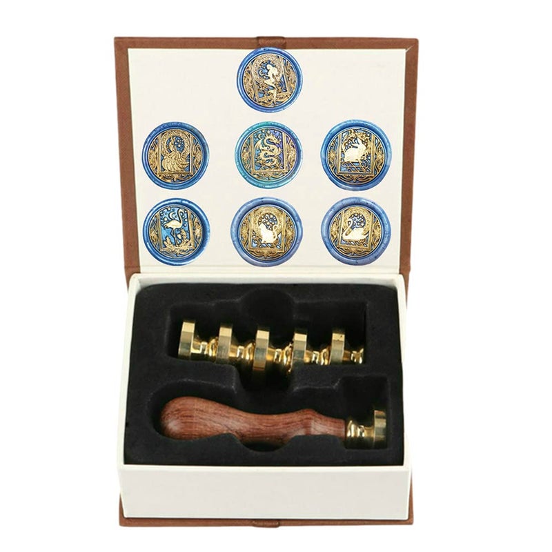 ANBOSE Wax Seal Stamp kit, ANBOSE Starry Animal Wax Seal Stamp Set with 7 PCS Removable Brass Heads and 1 Wooden Handle, Retro Vintage Mermaid Peacock Dragon Rabbit Flamingo Cat Swan Sealing Wax Stamp - Image 1