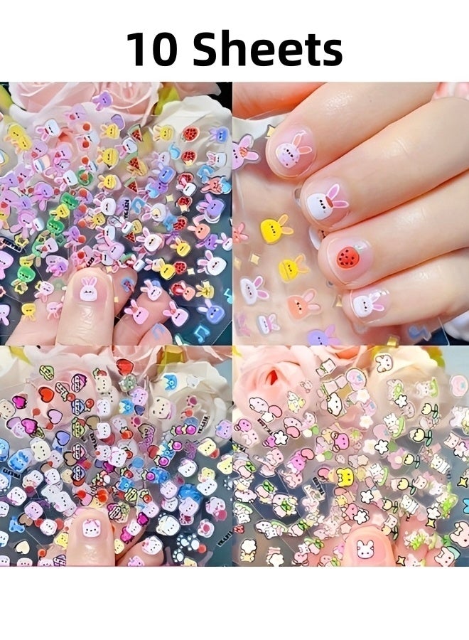 10 Sheets Kids Cartoon Animal Nail Stickers Cute Bunny Chick 3D Self-Adhesive Nail Decals DIY Manicure Decor for Little Girls Gift - Image 1