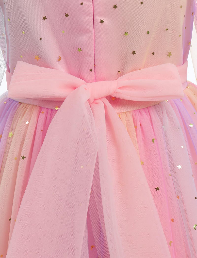 ODOLDI Kids Girls Birthday Party Long Sleeve Star Glitters Tulle Tutu Dress 3D Butterfly Star Sequins Ruffle Dress - Image 2